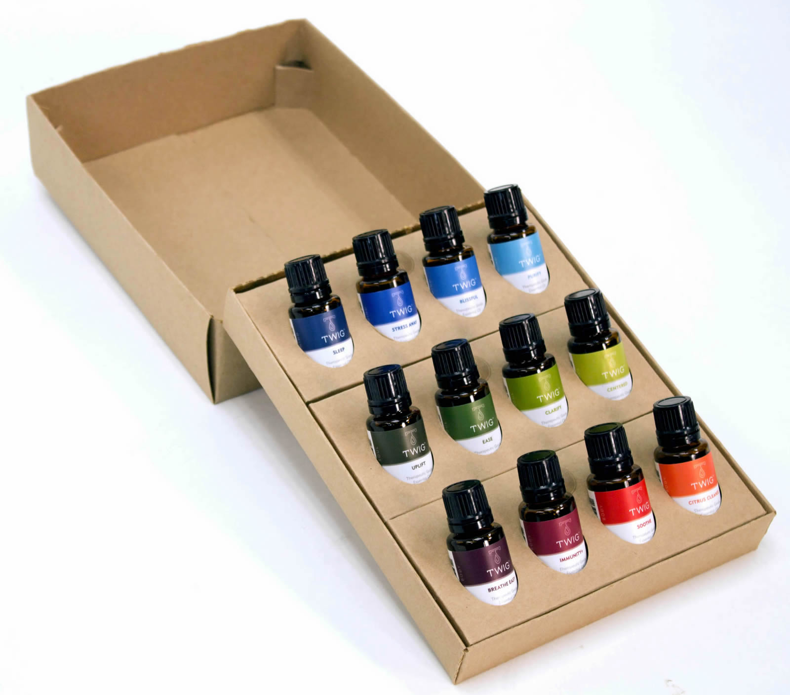 Twig essential oil bottle labels and display box by propeller