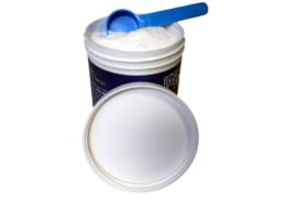 plastic container with powder and measurement spoon