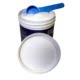 plastic container with powder and measurement spoon