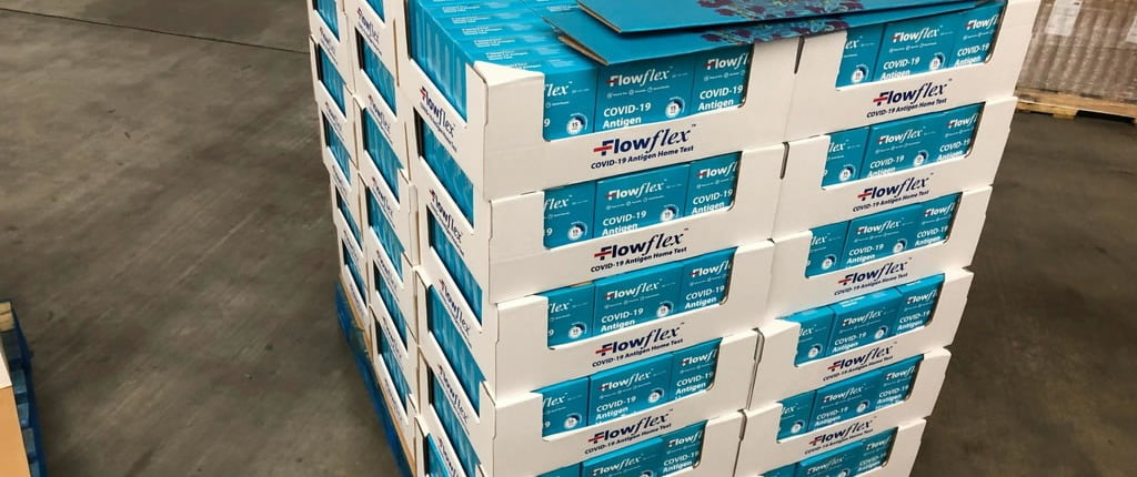 Covid test kits assembled for pallet display for Costco